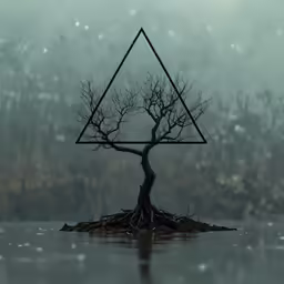 tree with triangles is on a lake and foggy background