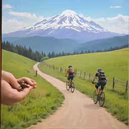 people riding their bicycles in front of a large painting