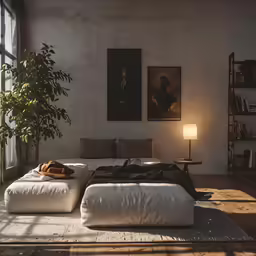 a living area with a couch, two rugs and a window