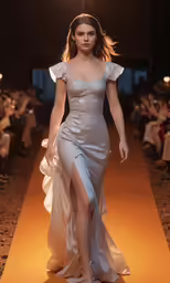 a model walks down the runway wearing a dress