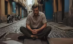 a man sitting on the ground in front of a street