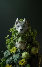 a cat made out of greens sitting next to yellow flowers