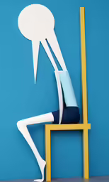 a person is sitting on top of a chair with a speech bubble hanging from the back of the chair