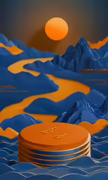 a group of orange coins on a mountain landscape