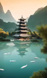 an oriental building on the water surrounded by mountains