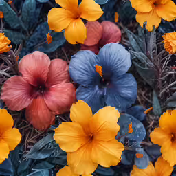 several different colored flowers are on the ground