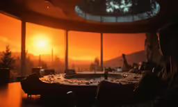 a dining room filled with lots of people at a table