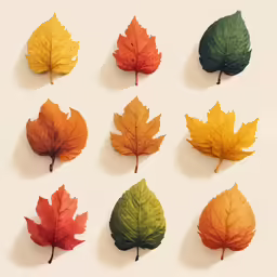 a collection of twelve colored leaf like objects arranged in a row