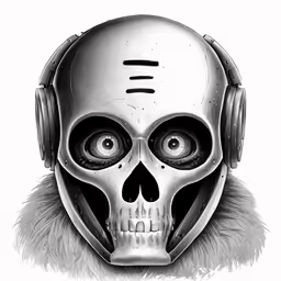 a skeleton head wearing headphones and a skull mask