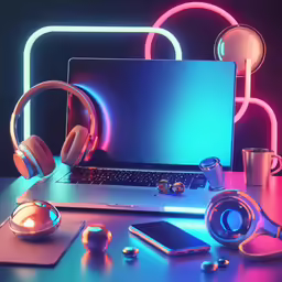 computer with headphones, coffee cup and other accessories