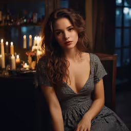a young woman sits on a chair with candles in the background