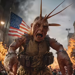 a person in front of an american flag with fire in the background