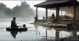 the fisherman and his dog are sitting in a canoe,a man sitting in a boat on a river while he