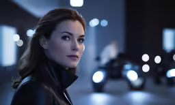 a woman in leather jacket standing on street next to vehicles