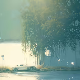 a couple of cars parked in a lot near trees