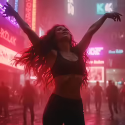 woman with arms outstretched on the street in a city