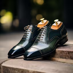 closeup of a pair of broccoli and black shoes,a green leather dress shoe with gold and silver buttons