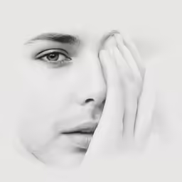 a black and white photo of a young man with his hand over his face