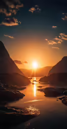 the sun setting over the mountains over water