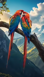 two parrots perched on a tree branch are facing each other