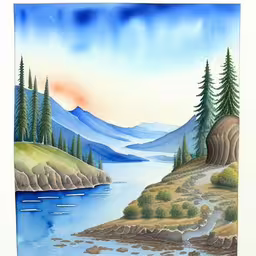 an image of the scenic scene with the mountain river,an artistic painting of a landscape on a paper