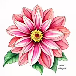 watercolor painting of a pink and white flower,the drawing shows an intricately detailed flower,a picture of a pink flower with green leaves,a drawing of a flower with green leaves and pink flowers,a pink and white flower on a white paper