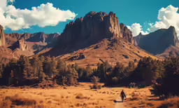 a lone hiker with his horse walking through the desert