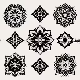 nine abstractly stylized black and white flowers