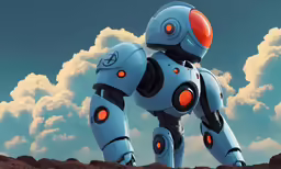 a robot in front of some cloudy clouds