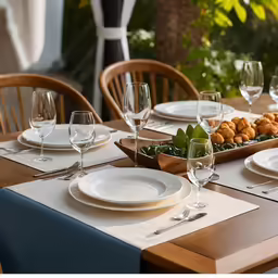 dinner table set with glasses and plates and green plants