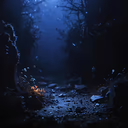 a path leads to a dark area with light coming through the trees