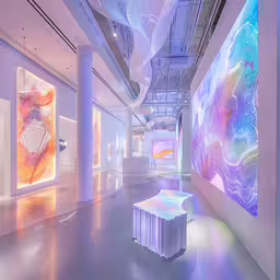 there is a brightly colored artwork in the hall,a large room with a very big screen behind it