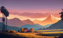 a house sitting on top of a green field under mountains,a painting of a mountain, meadow, house and a red barn