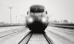 train speeding through city, on rail line during cloudy day