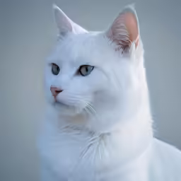 a white cat with blue eyes looks ahead