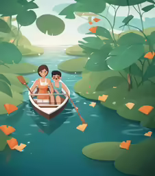 two people in a boat on a pond surrounded by plants and a forest