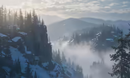 a winter scene of some snow covered trees