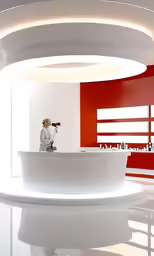 a counter inside of a white and red restaurant