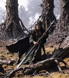 a person dressed in medieval clothing holding an enormous sword