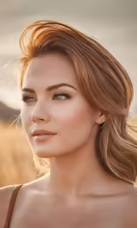 a woman with very large breast and light blue eyes looks into the camera