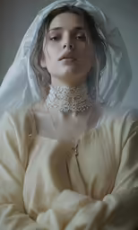 a woman with veil and dress shirt with pearls in it