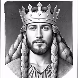 a black and white drawing of jesus wearing a crown