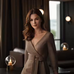 a beautiful woman standing by a candle with lights in the background