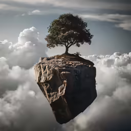a lone tree sitting on top of a big rock