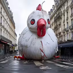 the giant sculpture has red eyes, red beaks and it