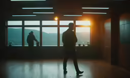 a man walking in a room next to a window