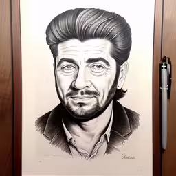 a drawing of a man is displayed on paper,a drawing of the actor david mc scarp in pencil,the illustration features a very realistic likeness of a man,a drawing of the actor / director hugh in front of a doorway,a drawing of an old man with an intense look