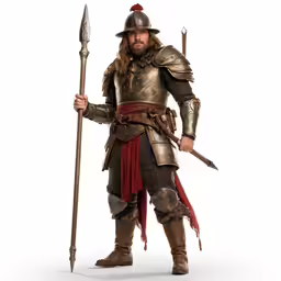 a man in armor holds two spears and an ax