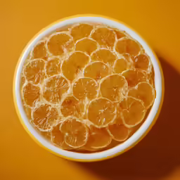 a white and yellow bowl filled with sliced oranges