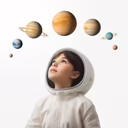 young child in a space suit looking up at planets